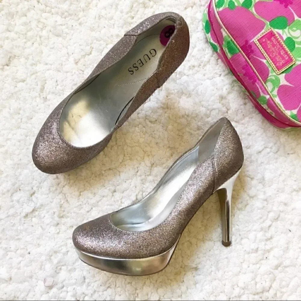 GUESS: Multicolored Rainbow Metallic Glitter Heels Platform Pumps Sz 8.5